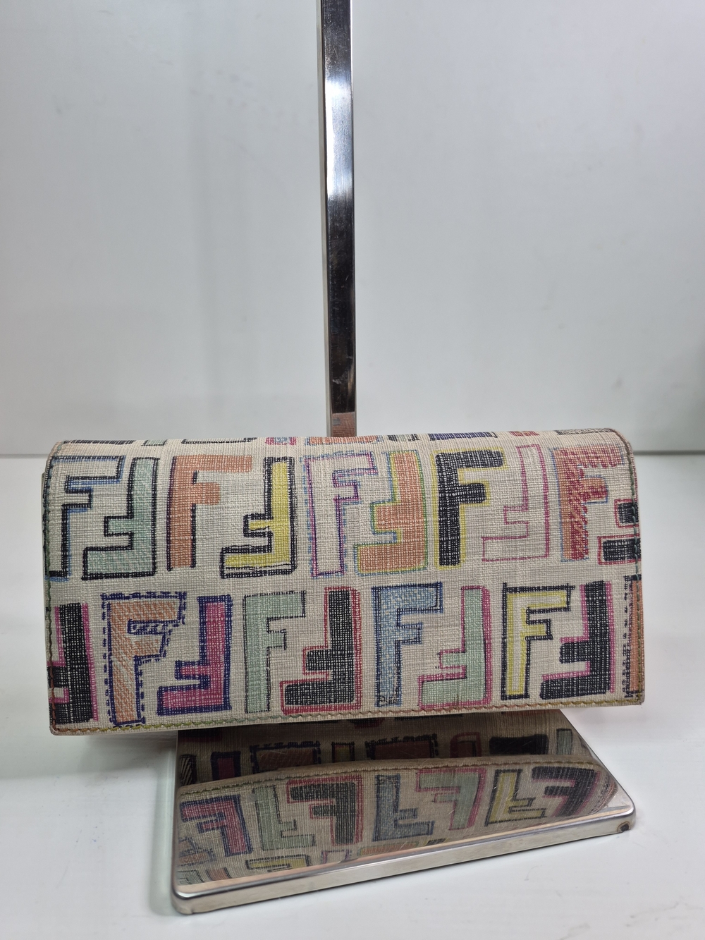 Fendi Multicolor FF Logo Canvas Clutch in Cream